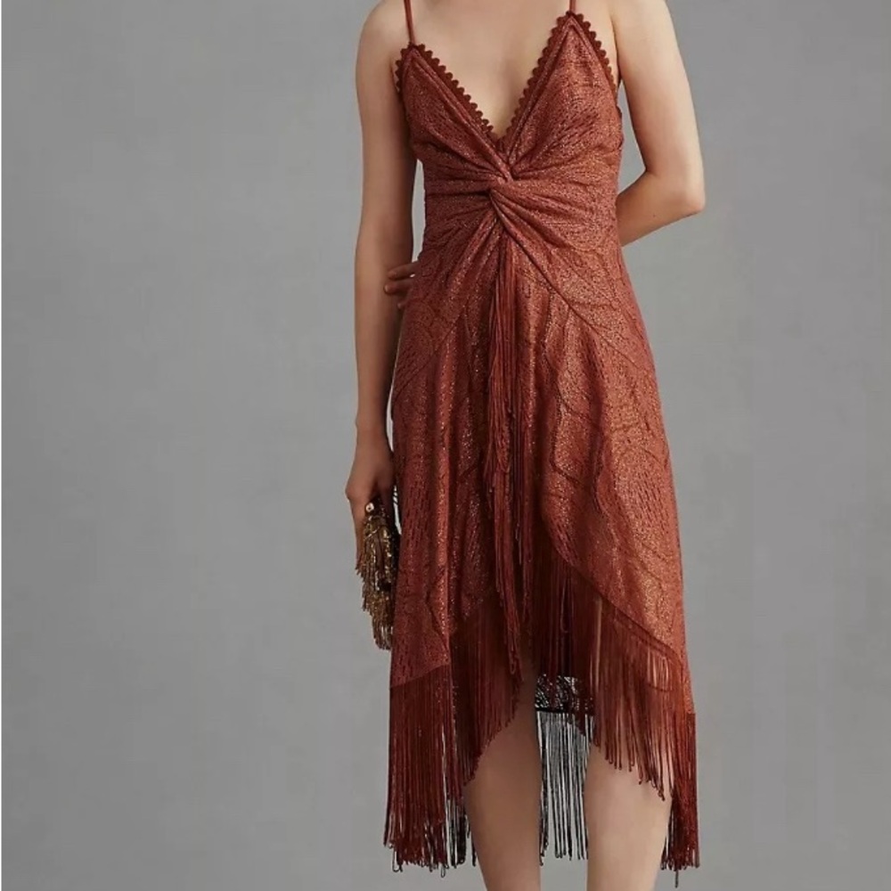 NWT Anthropologie Bhanuni by Jyoti Crochet Fringe Brown Dress Size 2 Small